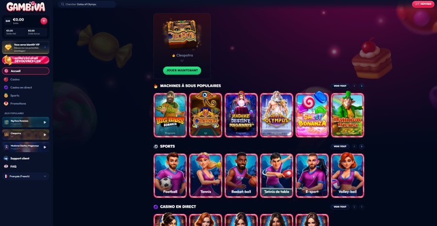 Gambiva Casino page d'accueil