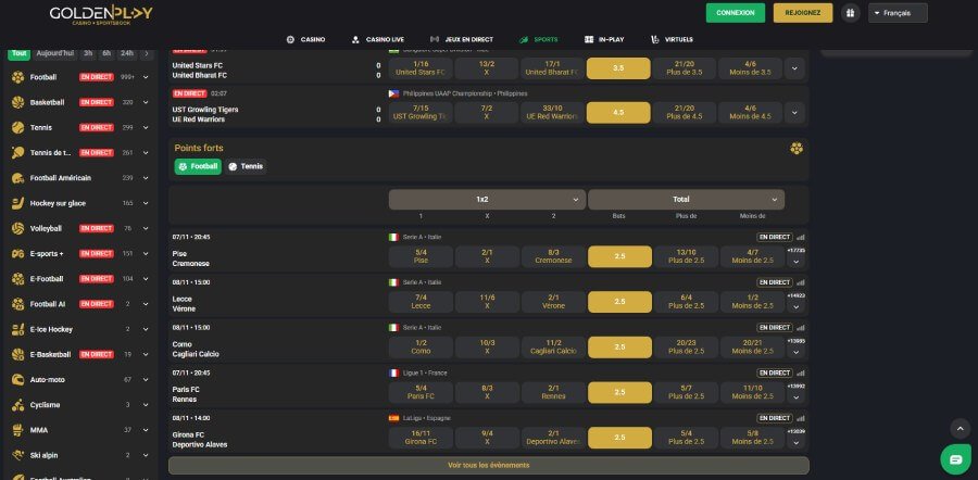 GoldenPlay Casino pages sports