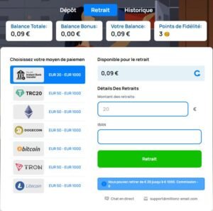 Millionz Casino page des retraits