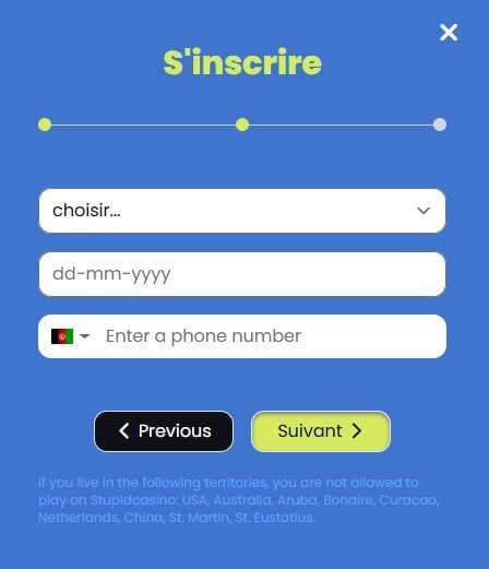 Stupid Casino page d'inscription étape 2