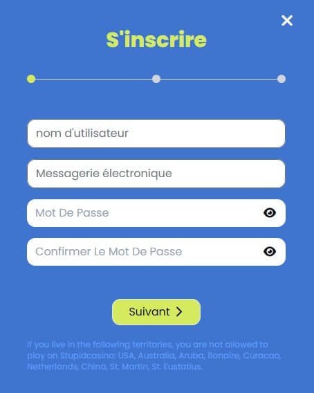 Stupid Casino page d'inscription étape 1
