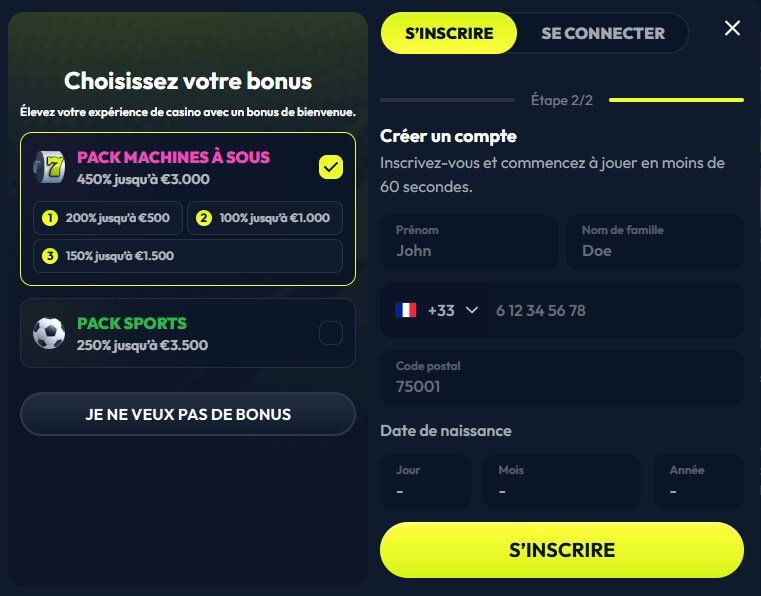 Winzter Casino inscription 2/2