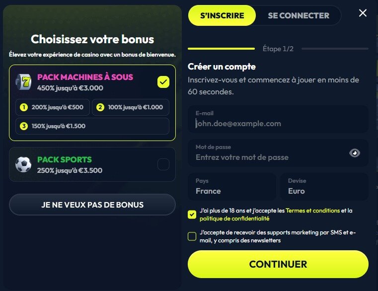 Winzter Casino inscription 1/2