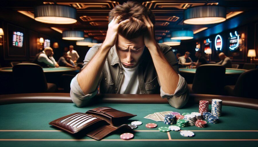Scène représentant un homme souffrant d'une dépendance aux jeux de casino, homme devant une table de jeux portefeuille vide ayant l'air d'avoir perdu tout son argent aux jeux