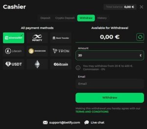 page des retraits Betify Casino