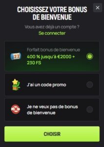 Avocasino page d'inscription étape 1 choix du bonus