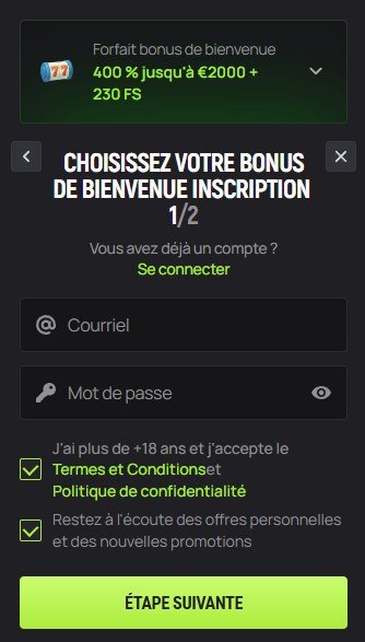 Avocasino page d'inscription étape 2