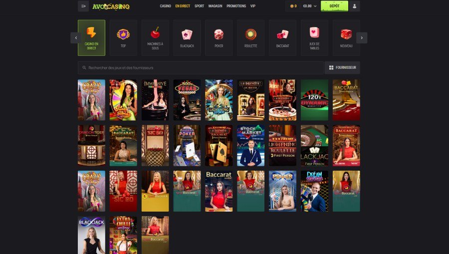 Avocasino page du casino en direct