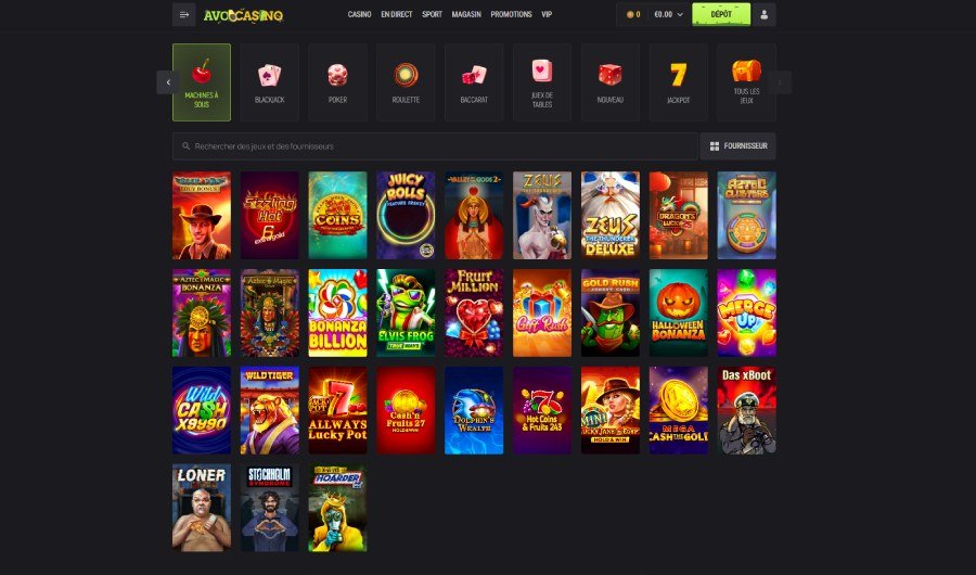 Avocasino page des machines à sous