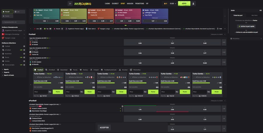 Avocasino page des paris sur le sport
