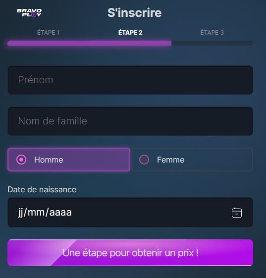 BravoPlay Casino page d'inscription étape 2