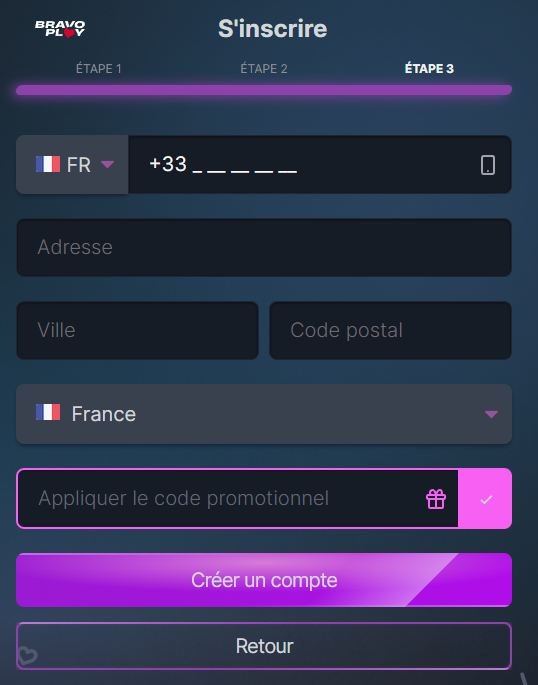 BravoPlay Casino page d'inscription étape 3