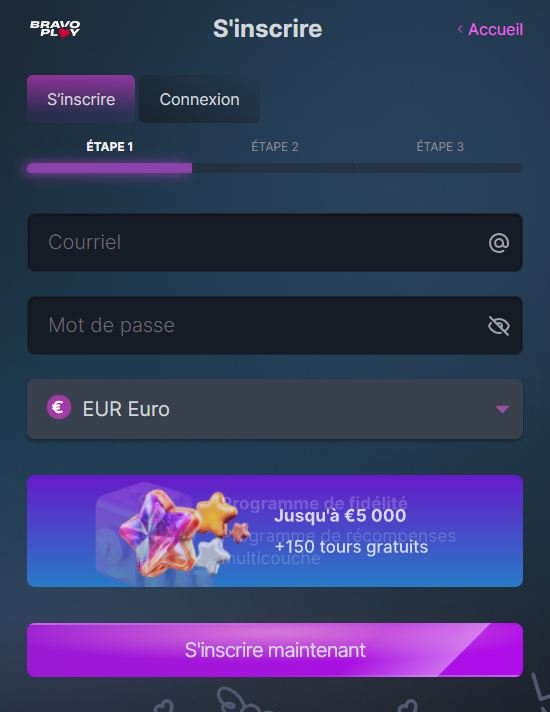 BravoPlay Casino page d'inscription étape 1