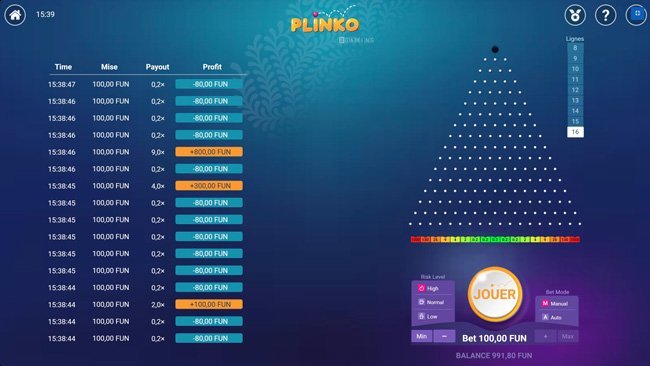 Configuration pour les joueurs highroller Plinko