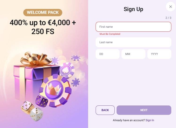 Crown Slots Casino inscription étape 2/3