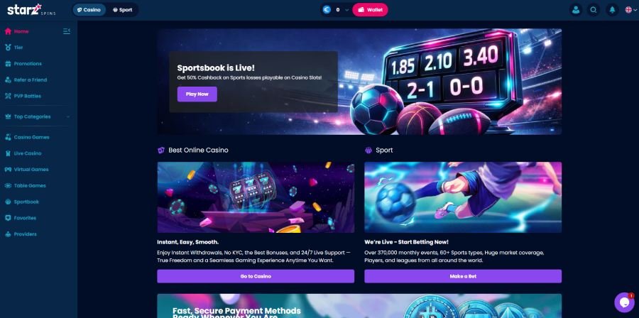 Starzspins Casino page d'accueil (home)