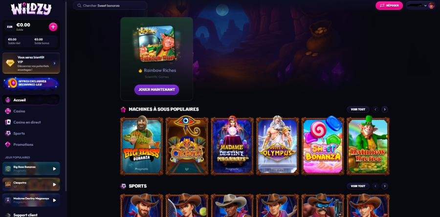 Wildzy Casino page d'accueil
