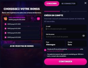 Wildzy Casino page d'inscription